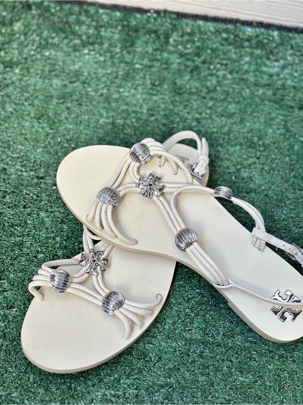 Tory Burch White Leather Sandals with Silver-Tone Accents